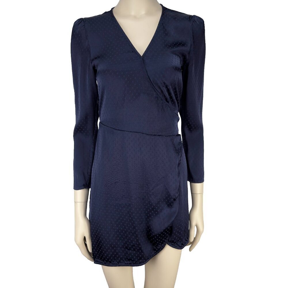 WILFRED ARITZIA Callie Satin Wrap‎ Dotted Long Sleeves Navy Blue Mini Dress XS